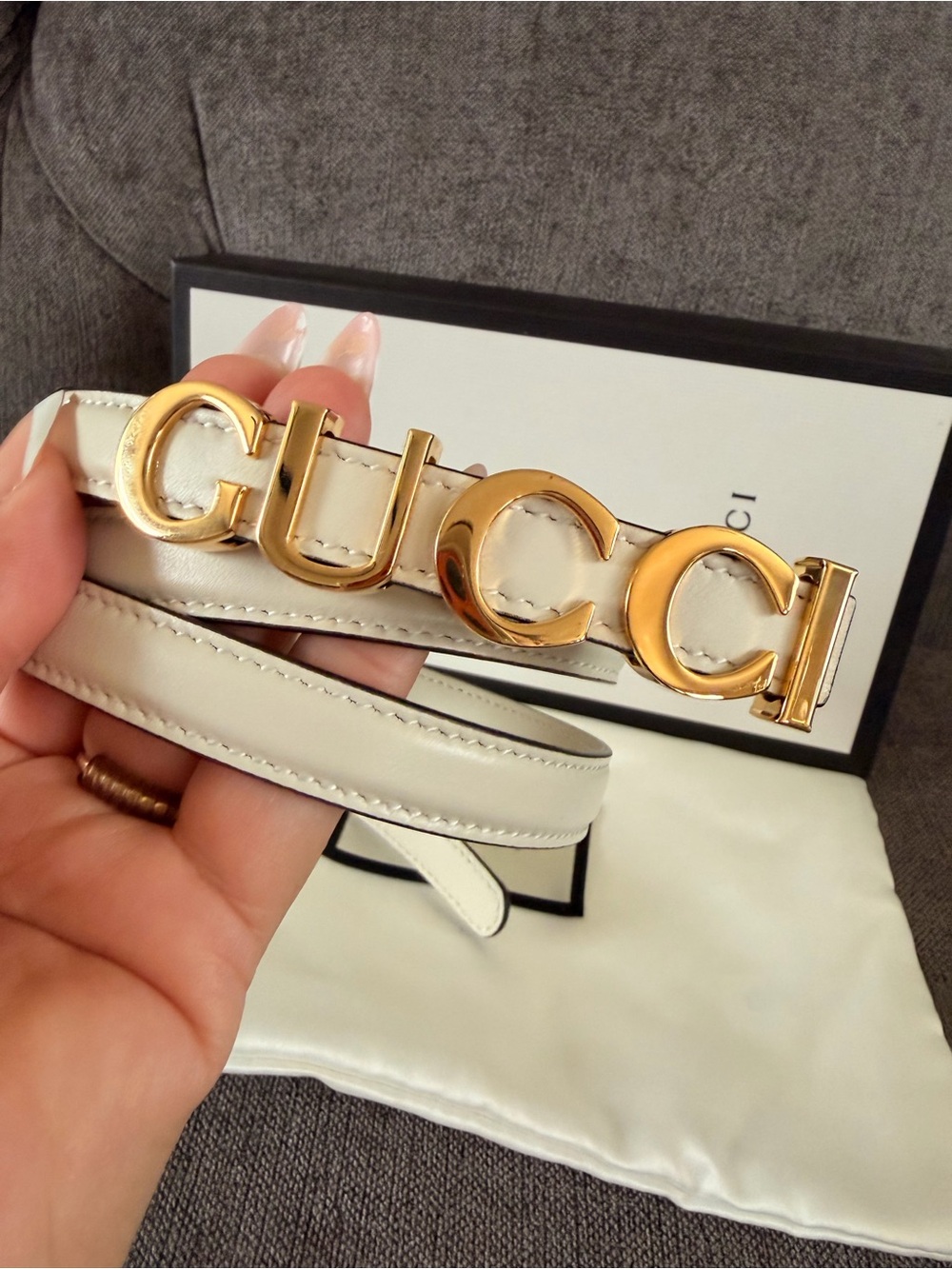 Gucci Cream Leather Belt with Gold GUCCI Logo Buckle